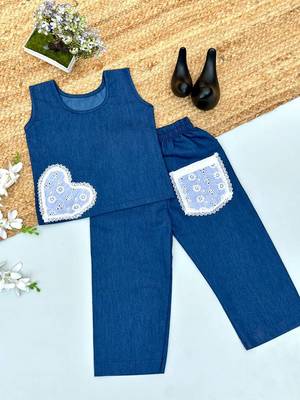 Kids denim summer co-ord set with lace heart & pocket 2