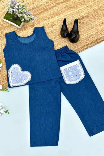 Kids denim summer co-ord set with lace heart & pocket
