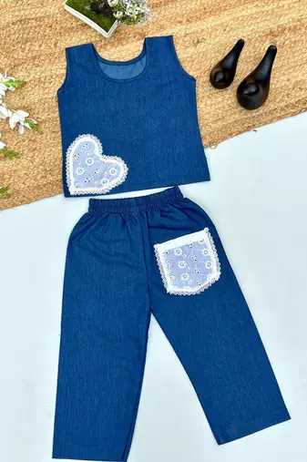 Kids denim summer co-ord set with lace heart & pocket