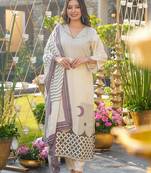 Cream muslin printed kurta pant set