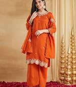 Orange vichitra silk heavy thread embroidery sequins work kurta pant set