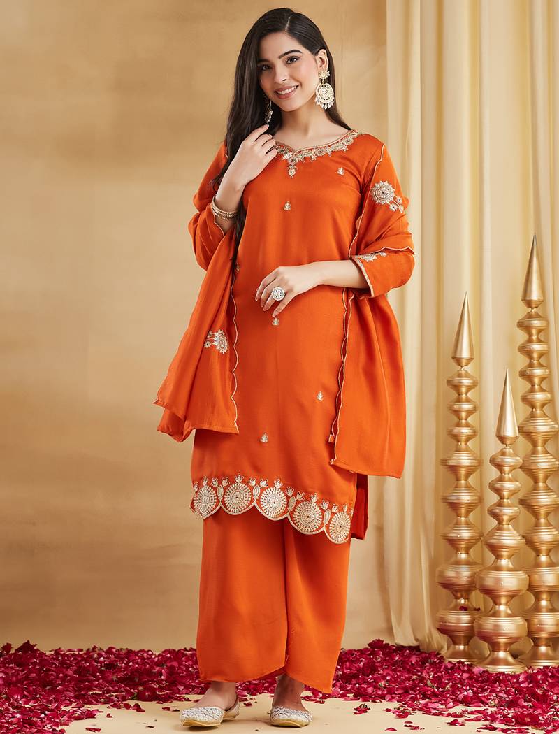 Orange vichitra silk heavy thread embroidery sequins work kurta pant set