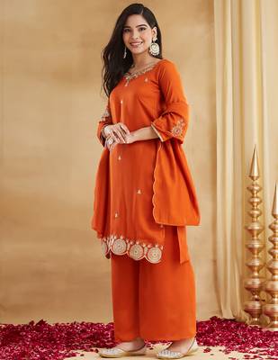 Orange vichitra silk heavy thread embroidery sequins work kurta pant set 2