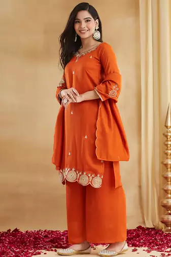 Orange vichitra silk heavy thread embroidery sequins work kurta pant set