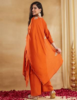Orange vichitra silk heavy thread embroidery sequins work kurta pant set 3