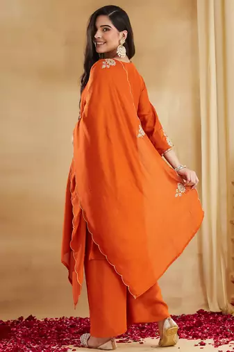 Orange vichitra silk heavy thread embroidery sequins work kurta pant set