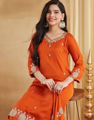 Orange vichitra silk heavy thread embroidery sequins work kurta pant set 4