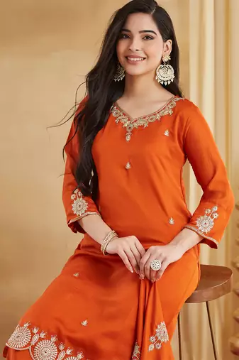 Orange vichitra silk heavy thread embroidery sequins work kurta pant set