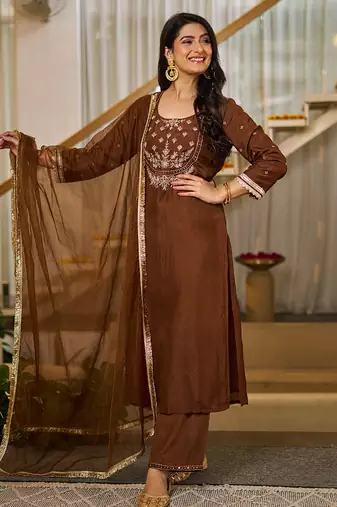 Coffee vichitra silk heavy thread embroidery work kurta pant set