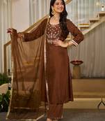 Coffee vichitra silk heavy thread embroidery work kurta pant set