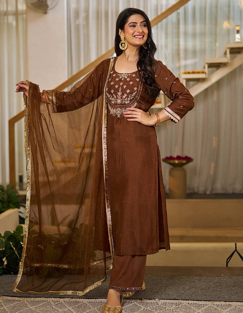 Coffee vichitra silk heavy thread embroidery work kurta pant set
