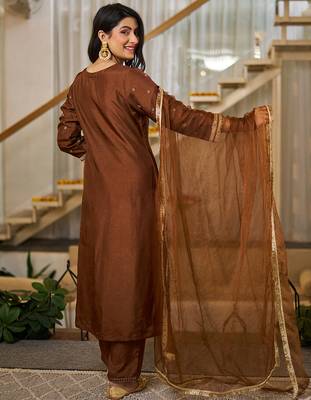 Coffee vichitra silk heavy thread embroidery work kurta pant set 3