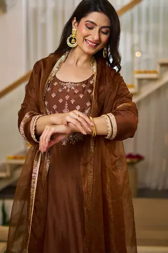 Coffee vichitra silk heavy thread embroidery work kurta pant set