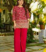 Dark pink heavy crepe silk heavy thread embroidery sequins work  co-ord set