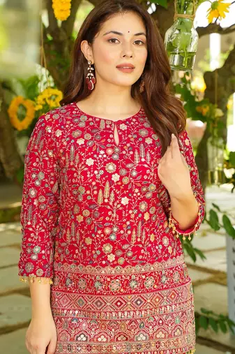 Dark pink heavy crepe silk heavy thread embroidery sequins work  co-ord set