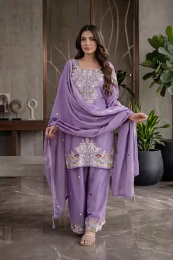 Elegant lavender embroidered kurta palazzo set with dupatta