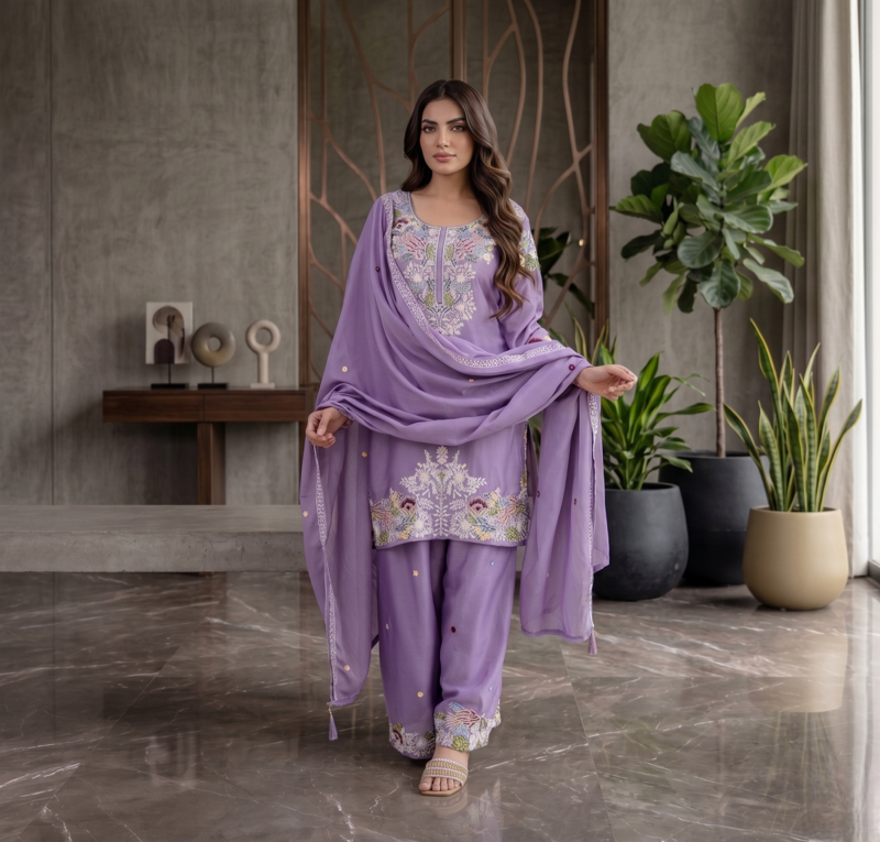 Elegant lavender embroidered kurta palazzo set with dupatta