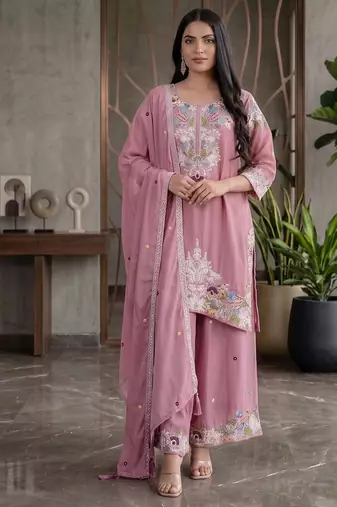 Elegant pink embroidered kurta palazzo set with dupatta