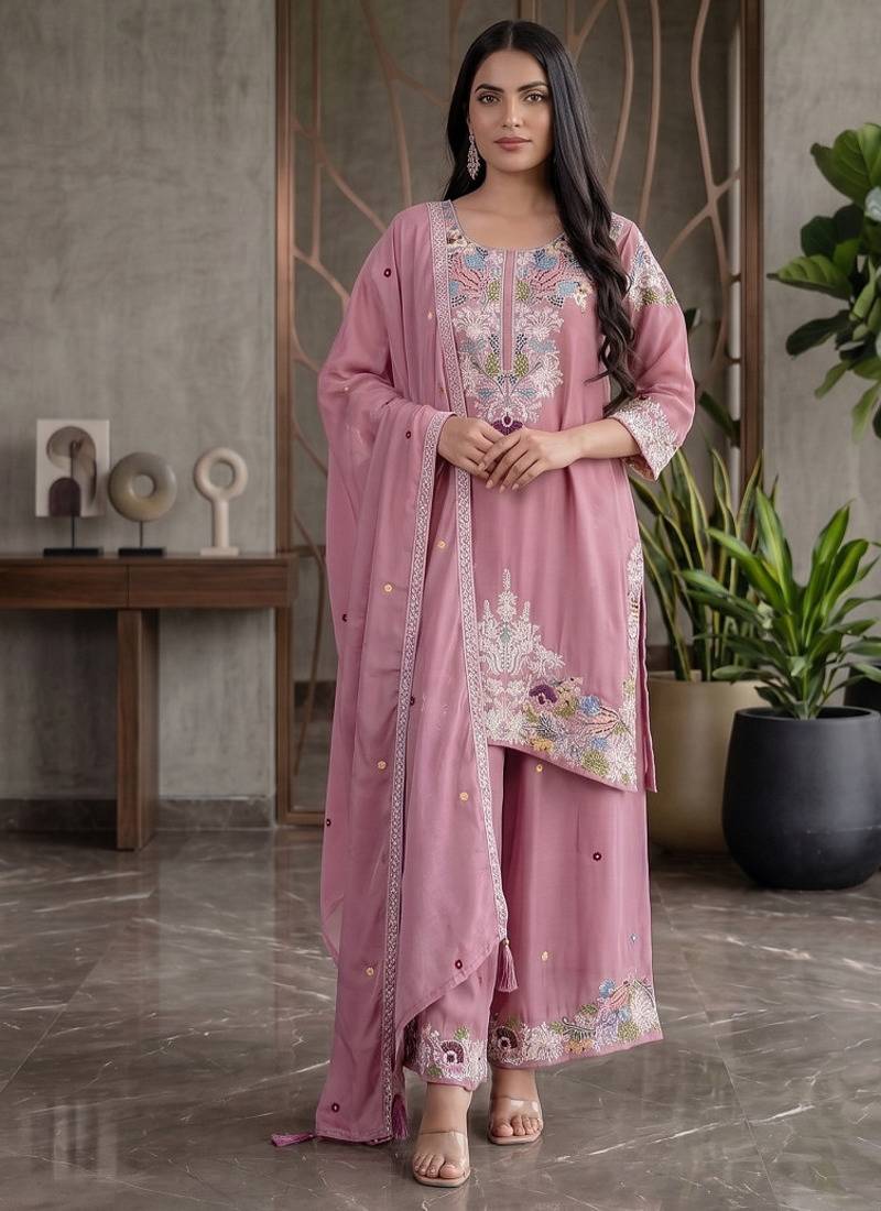 Elegant pink embroidered kurta palazzo set with dupatta