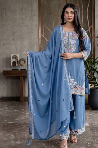 Elegant blue embroidered kurta palazzo set with dupatta
