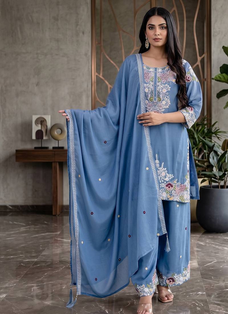 Elegant blue embroidered kurta palazzo set with dupatta