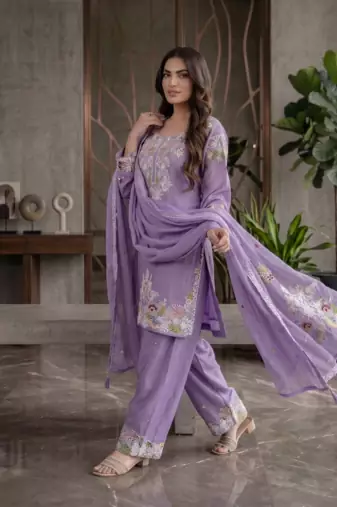 Elegant lavender embroidered kurta palazzo set with dupatta