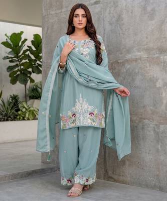 Elegant mint green embroidered kurta palazzo set with dupatta 1