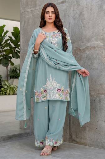 Elegant mint green embroidered kurta palazzo set with dupatta