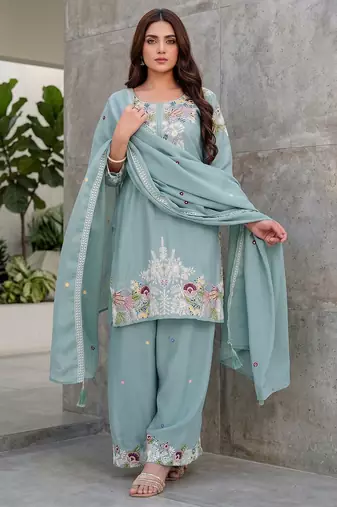 Elegant mint green embroidered kurta palazzo set with dupatta