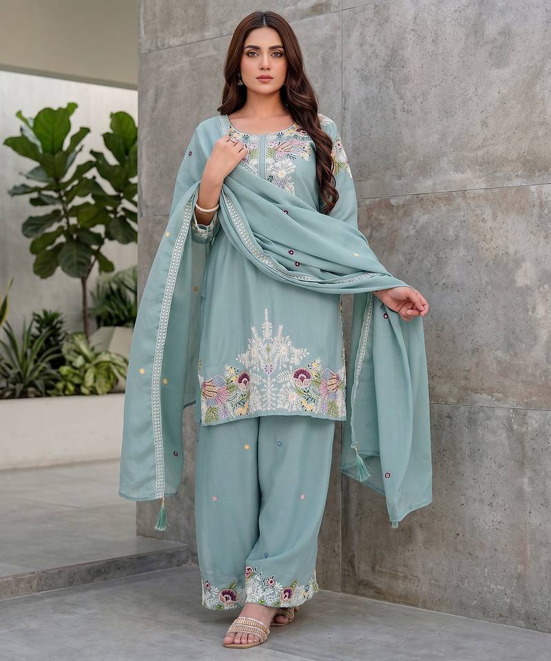 Elegant mint green embroidered kurta palazzo set with dupatta