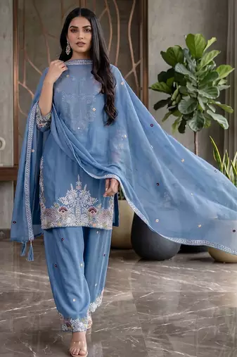Elegant blue embroidered kurta palazzo set with dupatta