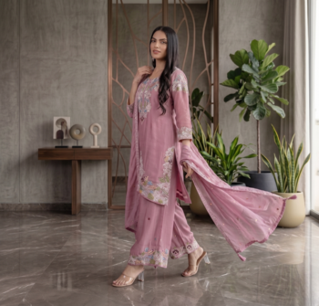 Elegant pink embroidered kurta palazzo set with dupatta 2