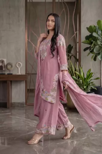 Elegant pink embroidered kurta palazzo set with dupatta