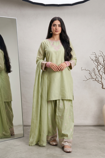 Pista green rayon cotton silk embroidered farshi suit set
