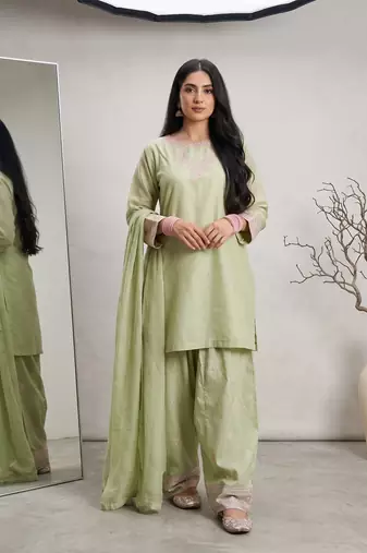 Pista green rayon cotton silk embroidered farshi suit set