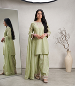 Pista green rayon cotton silk embroidered farshi suit set