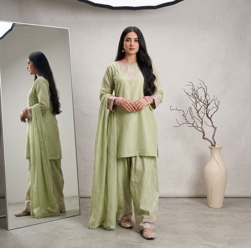 Pista green rayon cotton silk embroidered farshi suit set