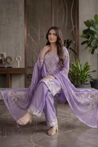 Elegant lavender embroidered kurta palazzo set with dupatta