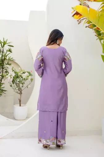 Elegant lavender embroidered kurta palazzo set with dupatta
