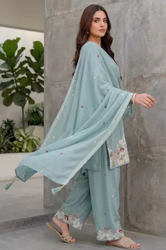 Elegant mint green embroidered kurta palazzo set with dupatta