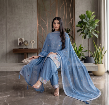 Elegant blue embroidered kurta palazzo set with dupatta 3