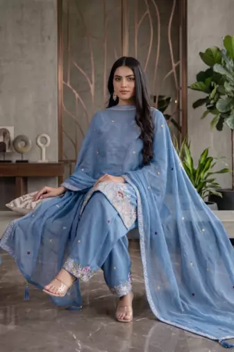 Elegant blue embroidered kurta palazzo set with dupatta