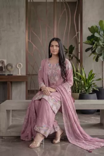 Elegant pink embroidered kurta palazzo set with dupatta