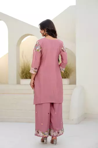 Elegant pink embroidered kurta palazzo set with dupatta