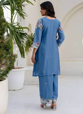 Elegant blue embroidered kurta palazzo set with dupatta 4