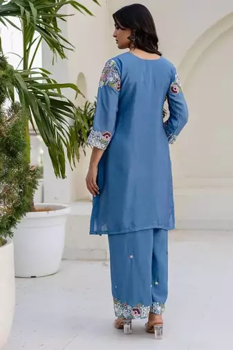 Elegant blue embroidered kurta palazzo set with dupatta