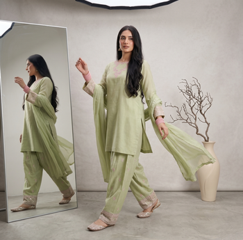 Pista green rayon cotton silk embroidered farshi suit set 2