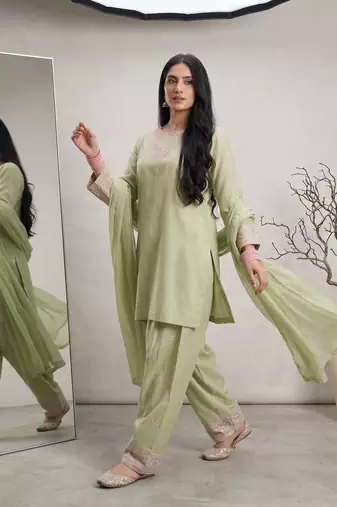 Pista green rayon cotton silk embroidered farshi suit set