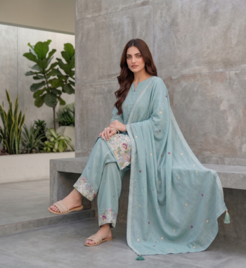 Elegant mint green embroidered kurta palazzo set with dupatta 3