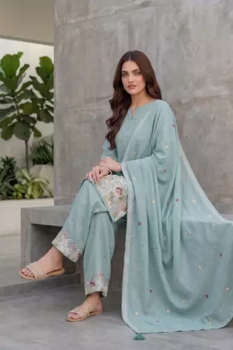 Elegant mint green embroidered kurta palazzo set with dupatta
